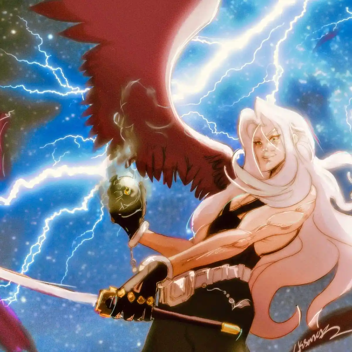 An anime-style illustration of a woman with long white hair and large red wings, holding a sword and a glowing orb against a…