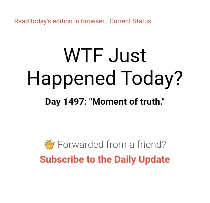 The image displays a screenshot of a daily newsletter email with the headline 'WTF Just Happened Today?' and a subheading…