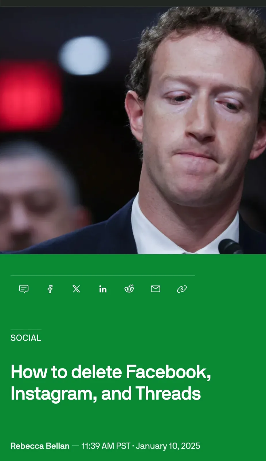 A close-up photo of Mark Zuckerberg looking downcast and weary, overlaid with a green article header that reads 'How to…