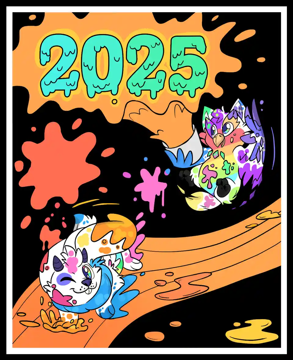 A cartoon illustration shows two colorful, paint-splattered anthropomorphic animals on an orange path against a black…