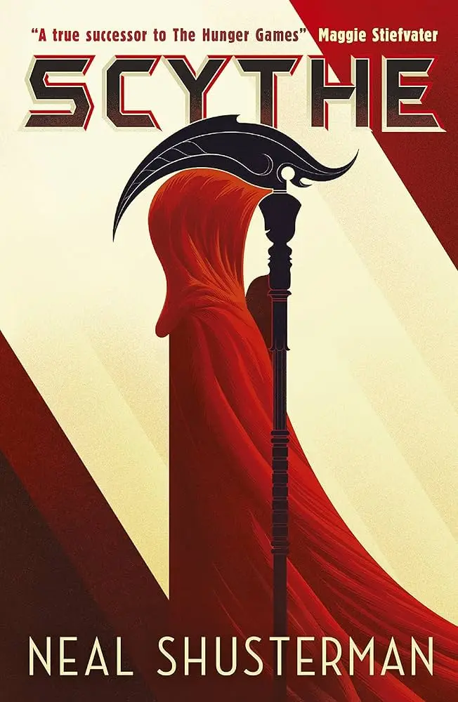 The image is the book cover for 'Scythe' by Neal Shusterman, featuring a stylized figure in a flowing red robe holding a…