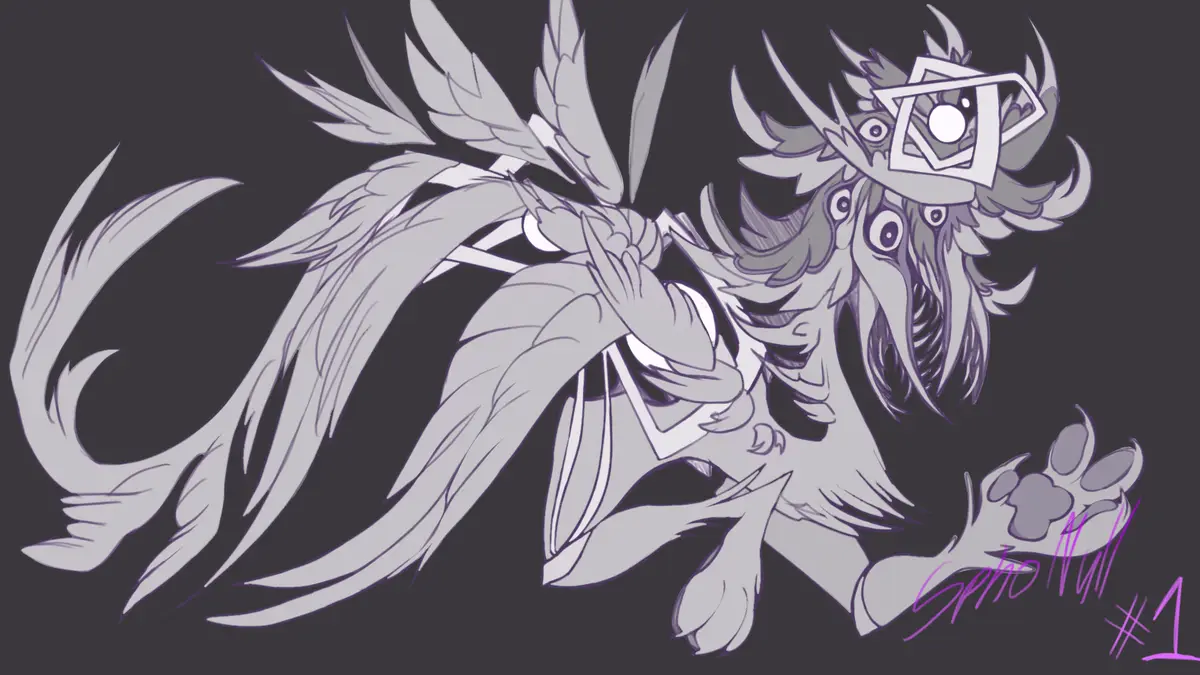 A stylized, monochrome drawing of a feathered, winged creature with multiple eyes and a square-framed monocle, posed…