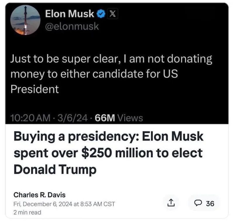 The image displays a screenshot of a tweet from Elon Musk's verified X account, which reads 'Just to be super clear, I am…