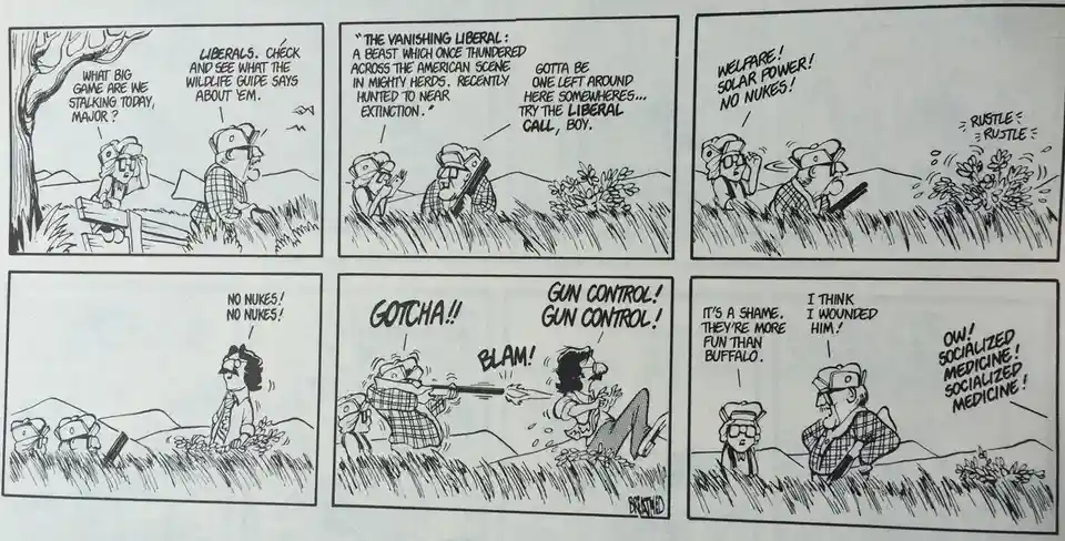 A six-panel comic strip depicts two hunters in a field, hunting for 'liberals' as described by a wildlife guide. The guide…