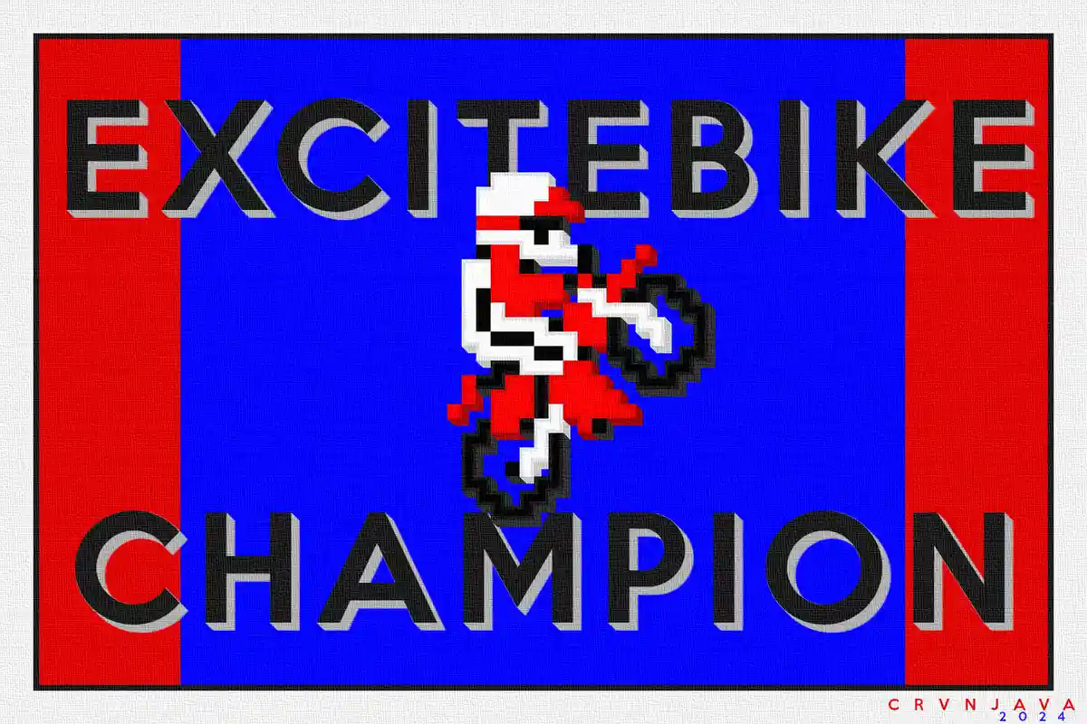 A pixelated image of a red and white motorbike rider from the classic video game Excitebike, centered on a blue background…