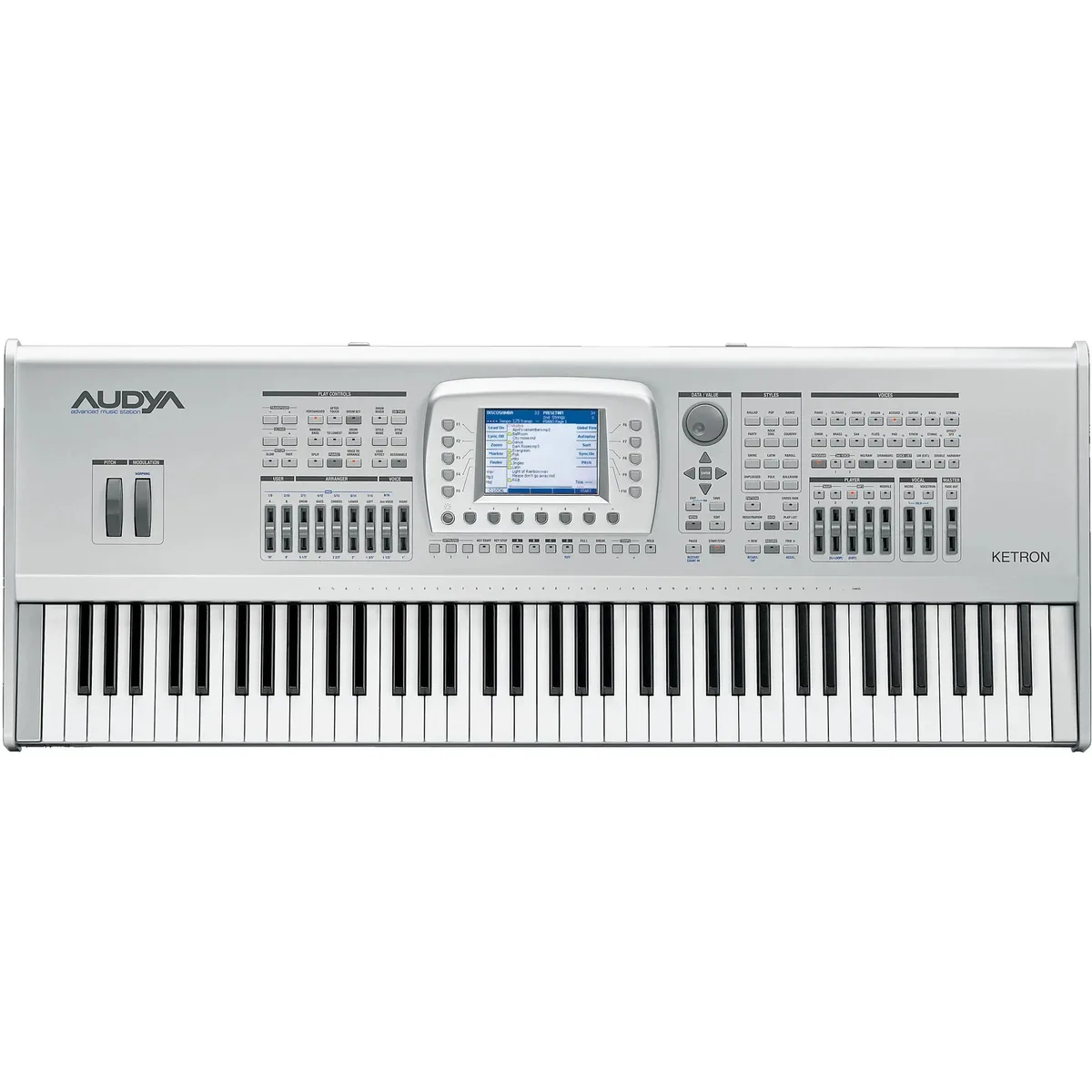 A silver Audya keyboard by Ketron with a full piano-style keyset and a complex control panel featuring numerous buttons…