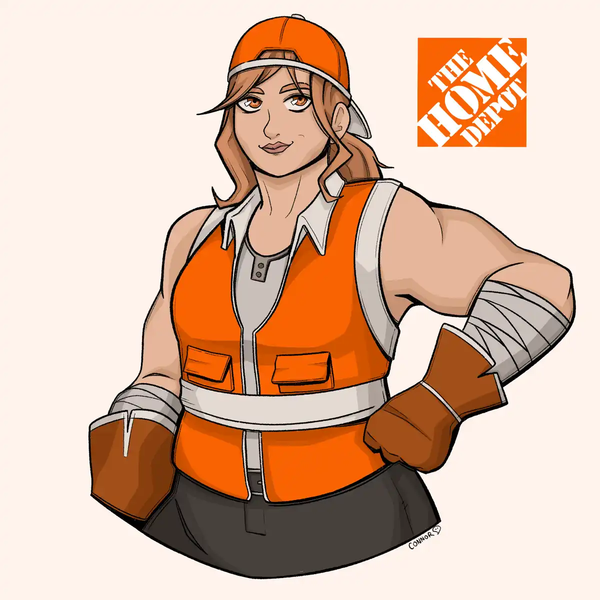 A cartoon woman with brown hair and orange eyes wears an orange Home Depot vest, cap, and gloves, with her arms flexed to…