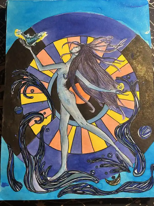 A watercolor painting depicts a slender, blue-skinned figure with long dark hair, standing in stylized ocean waves and…
