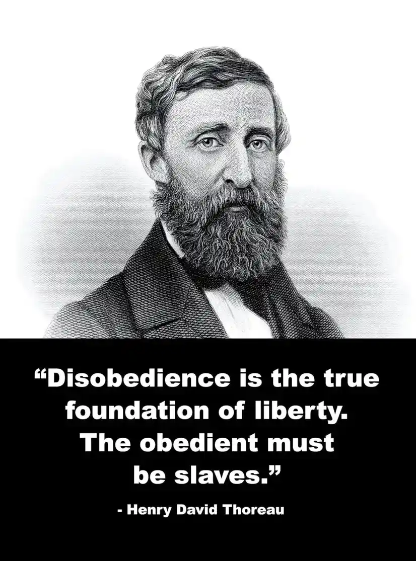A black-and-white engraved portrait of Henry David Thoreau, a bearded man in a formal jacket, with a black banner at the…