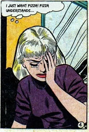 A vintage comic book panel shows a blonde woman in a purple shirt crying while holding her head in her hand, with a thought…