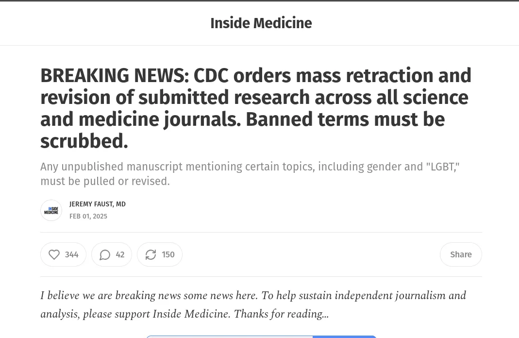 A screenshot of a fake news article from 'Inside Medicine' dated Feb 1, 2025, by Jeremy Faust, MD, with a headline claiming…