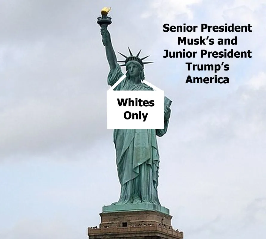 The Statue of Liberty is shown with a white sign superimposed over her chest that reads 'Whites Only'. Text in the upper…