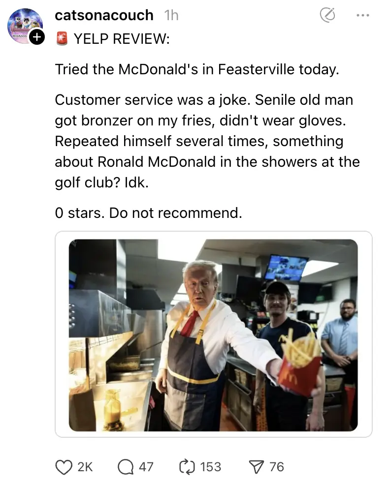 A screenshot of a Yelp review posted by 'catsonacouch' features an edited image of Donald Trump wearing a McDonald's apron…