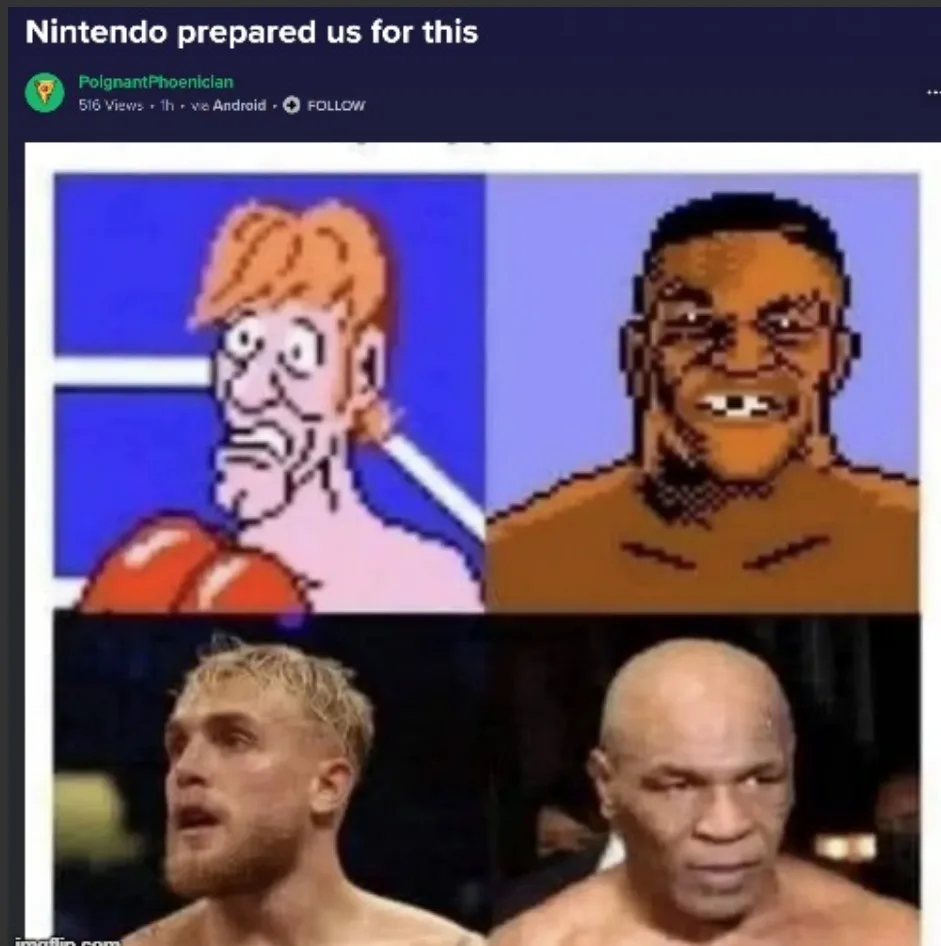 The image is a four-panel meme comparing pixelated video game characters to real-life boxers. Top left shows a…