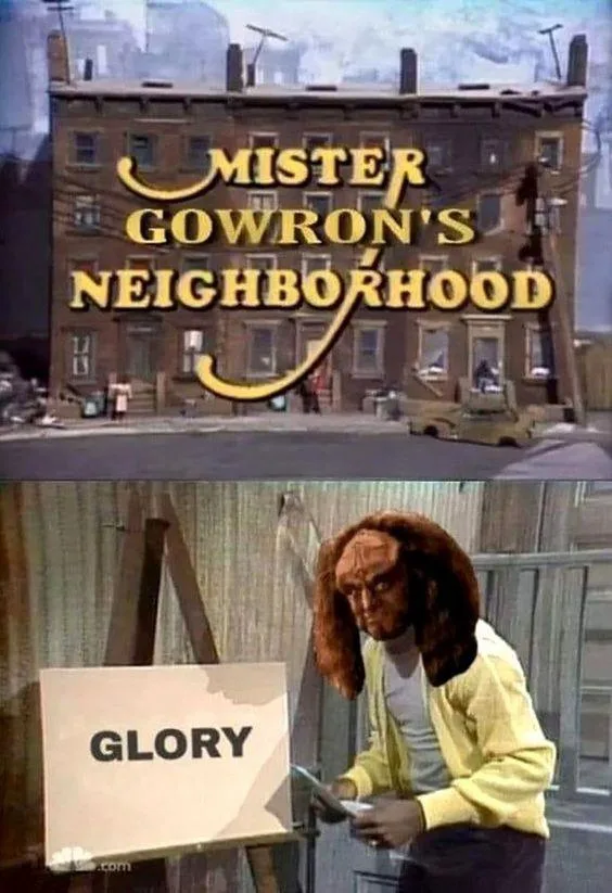 The top panel shows the title card for 'Mister Gowron's Neighborhood,' a fictional show. The bottom panel features a person…