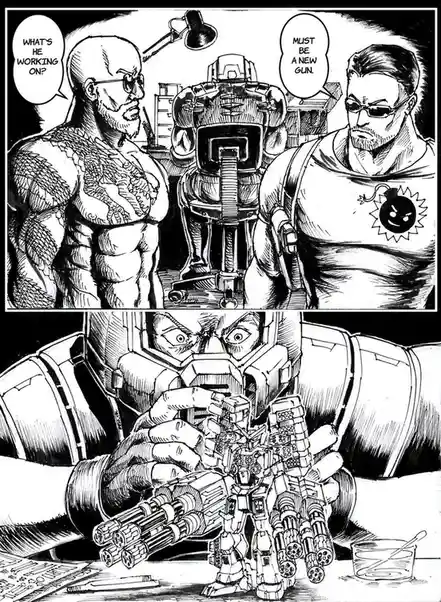 A black-and-white comic panel shows two muscular men in a workshop, one with a dragon tattoo and the other with a bomb…