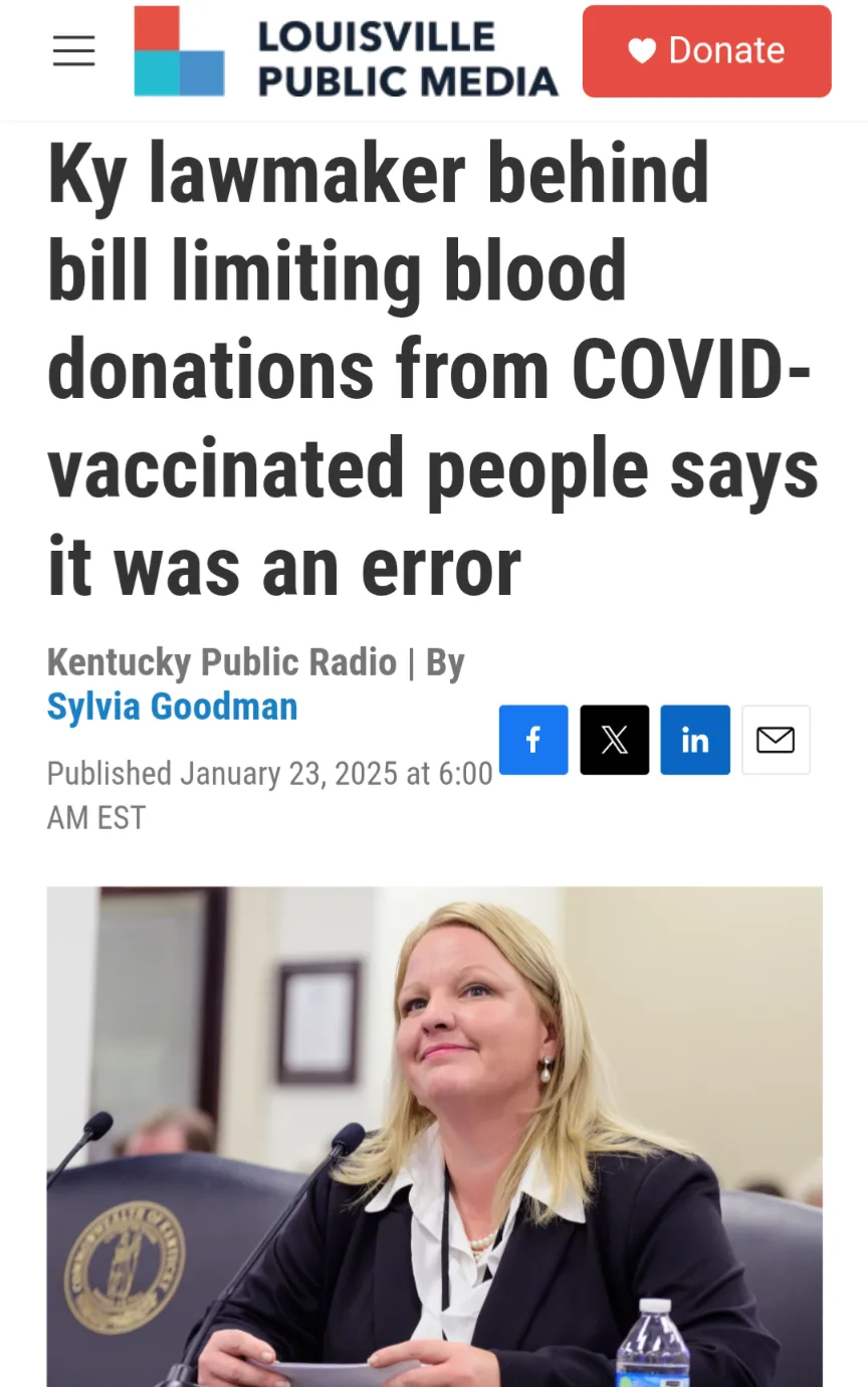 A screenshot of a Louisville Public Media news article shows a photo of a blonde woman in a black blazer and white shirt…