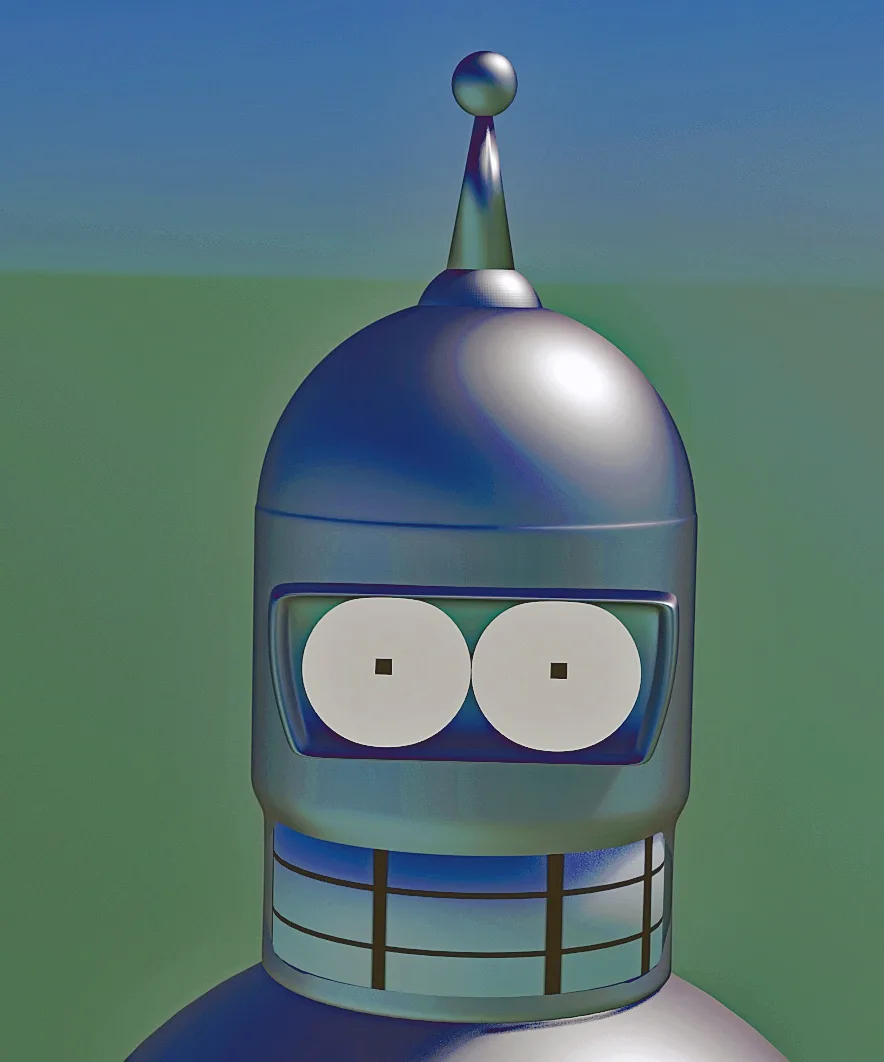 A close-up of Bender, the silver robot from Futurama, with his characteristic dome head, antenna, and blank white eyes, set…
