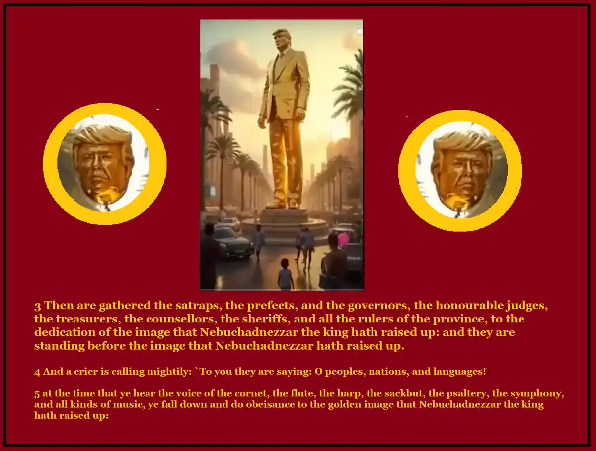 The image shows a giant golden statue of Donald Trump standing in a city street with palm trees, surrounded by people. On…