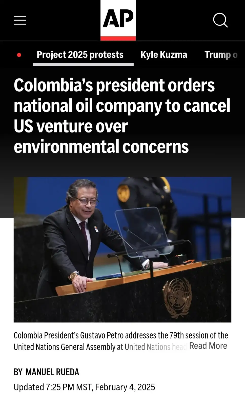 A screenshot of an Associated Press news article from February 4, 2025, showing Colombia's president Gustavo Petro speaking…