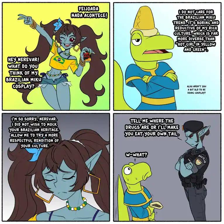 A four-panel comic featuring a blue-skinned elf woman in a Brazilian-themed cosplay asking a green reptilian man named…