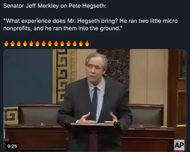 A screenshot of Senator Jeff Merkley speaking at a podium, with overlaid text quoting him criticizing Pete Hegseth's…