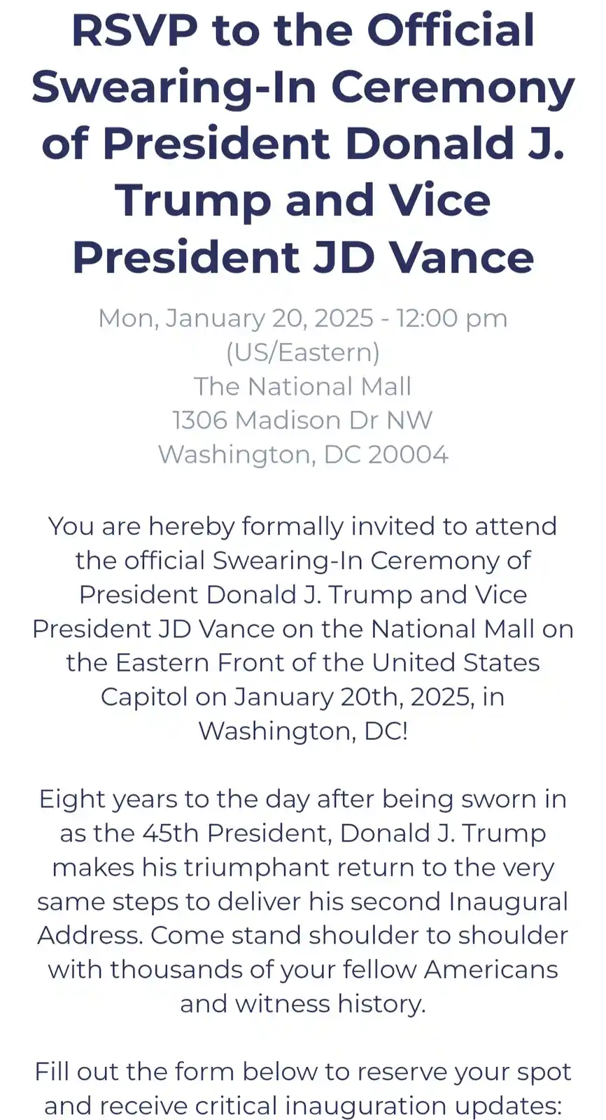The image displays a formal-looking invitation for an event titled 'RSVP to the Official Swearing-In Ceremony of President…