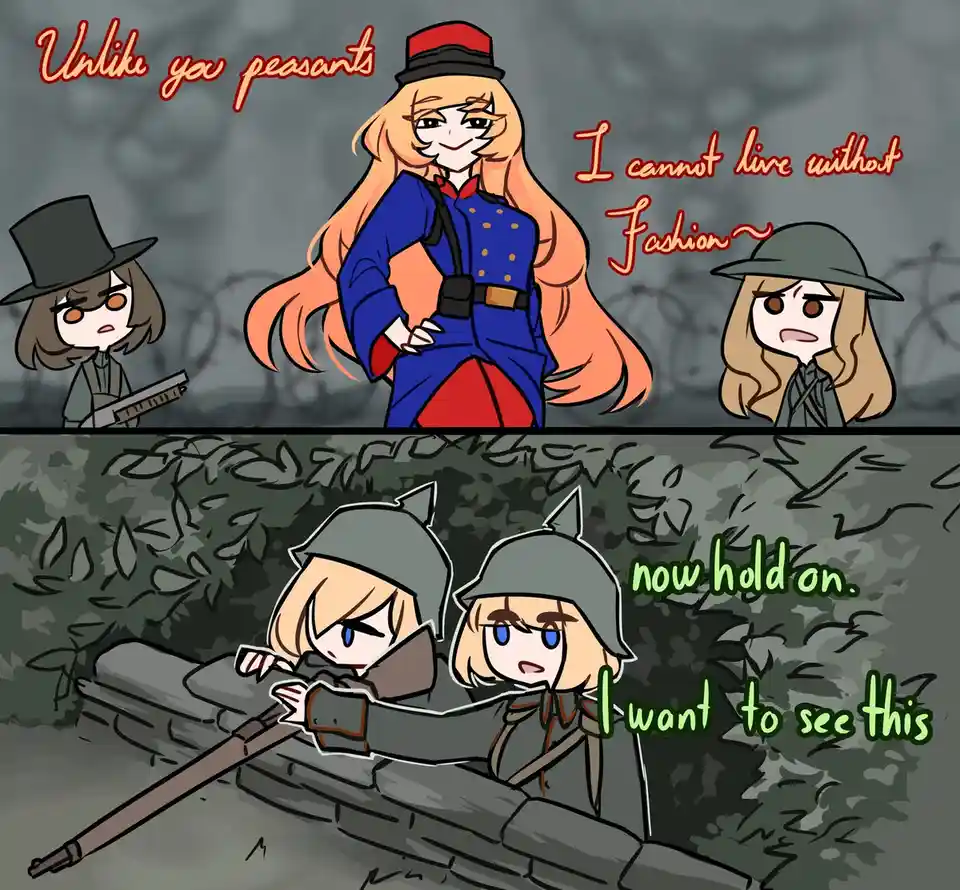 The image is split into two panels. The top panel shows a woman in a blue military-style jacket and red hat, smugly…