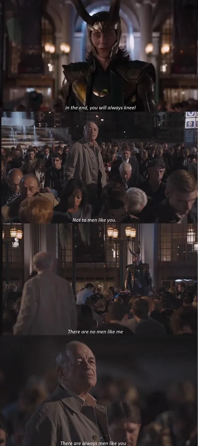 A four-panel meme from the movie 'Thor' showing Loki confidently declaring 'In the end, you will always kneel' while…