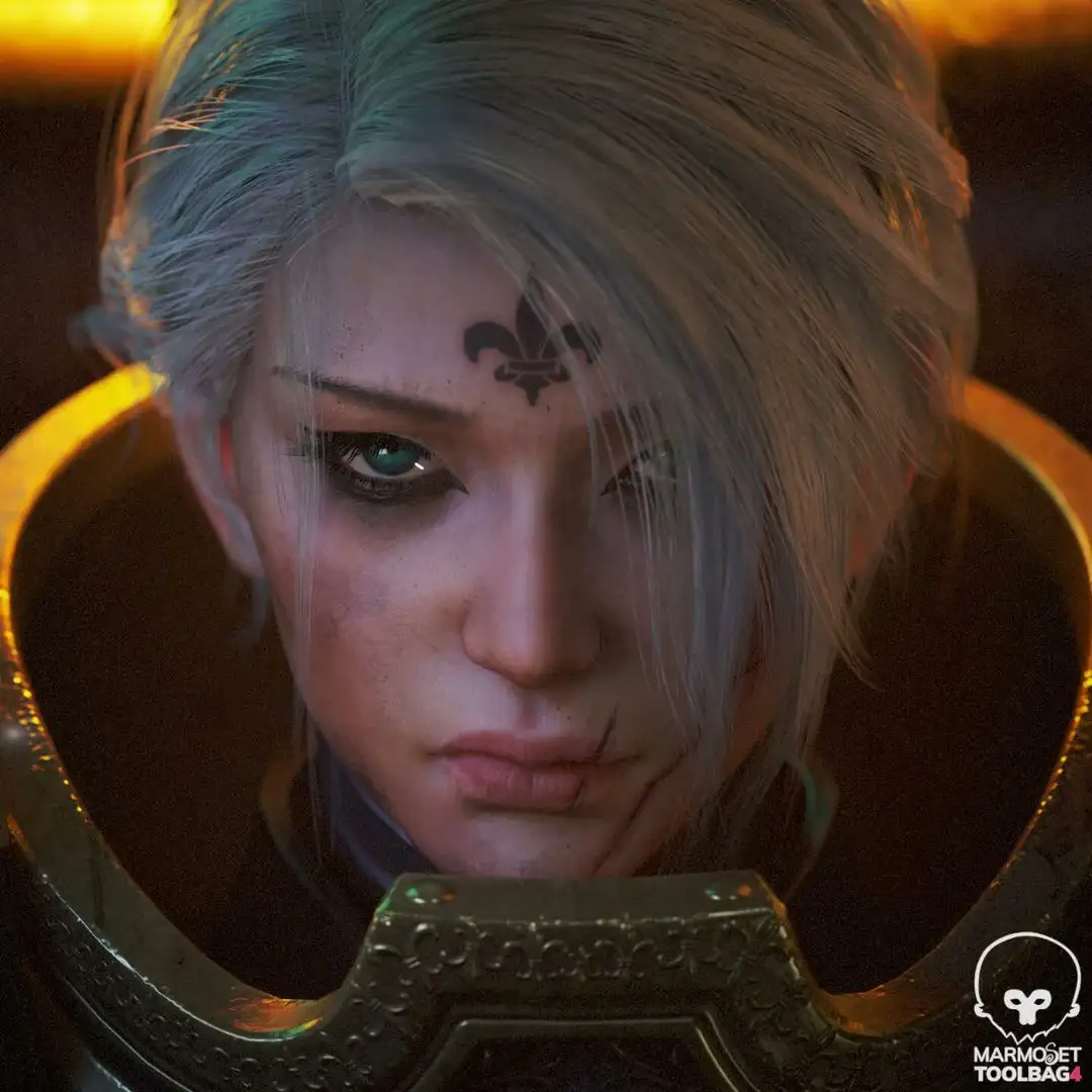 A close-up of a video game character with pale silver hair, a black fleur-de-lis tattoo on her forehead, and a stern…