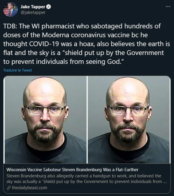 The image displays two identical mugshot-style photos of a bald man with glasses and a goatee, side-by-side. Overlaid text…