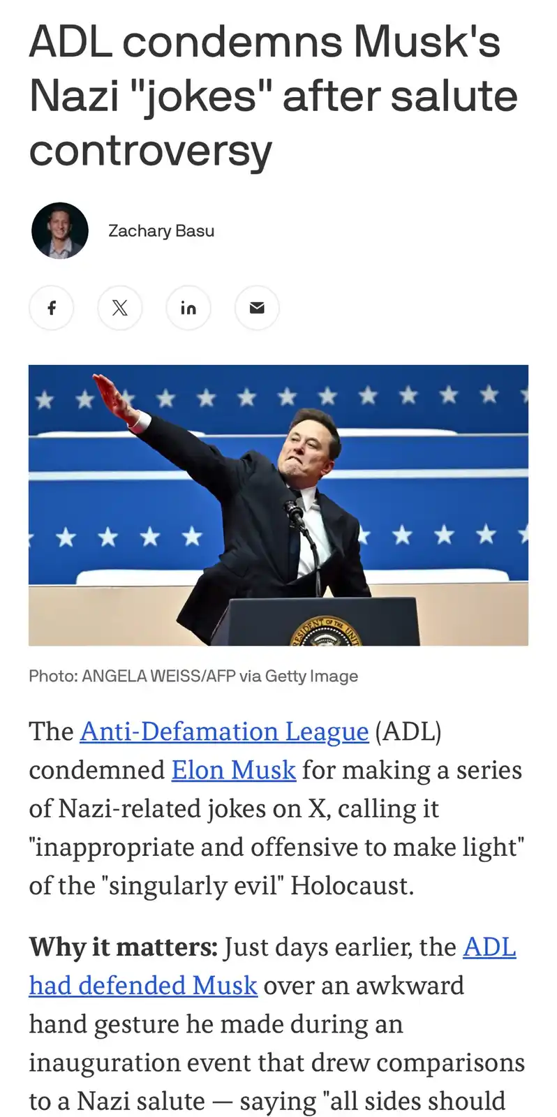 A screenshot of a news article shows a photo of Elon Musk at a podium with a blue starry backdrop, raising his right arm in…