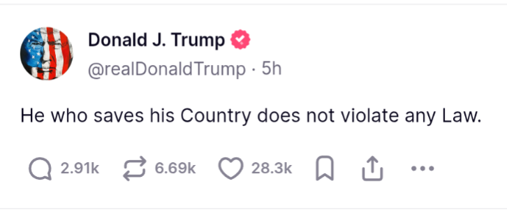 A screenshot of a tweet from Donald J. Trump's verified Twitter account, showing his profile picture with an American flag…