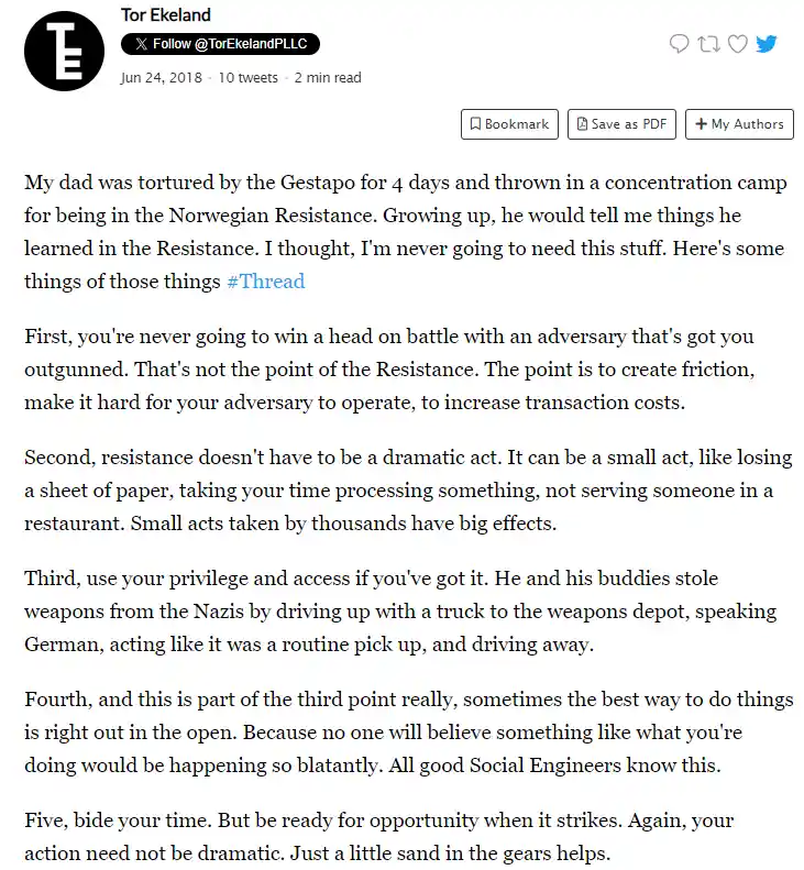 A screenshot of a Twitter thread by Tor Ekeland detailing lessons learned from his father's experiences in the Norwegian…