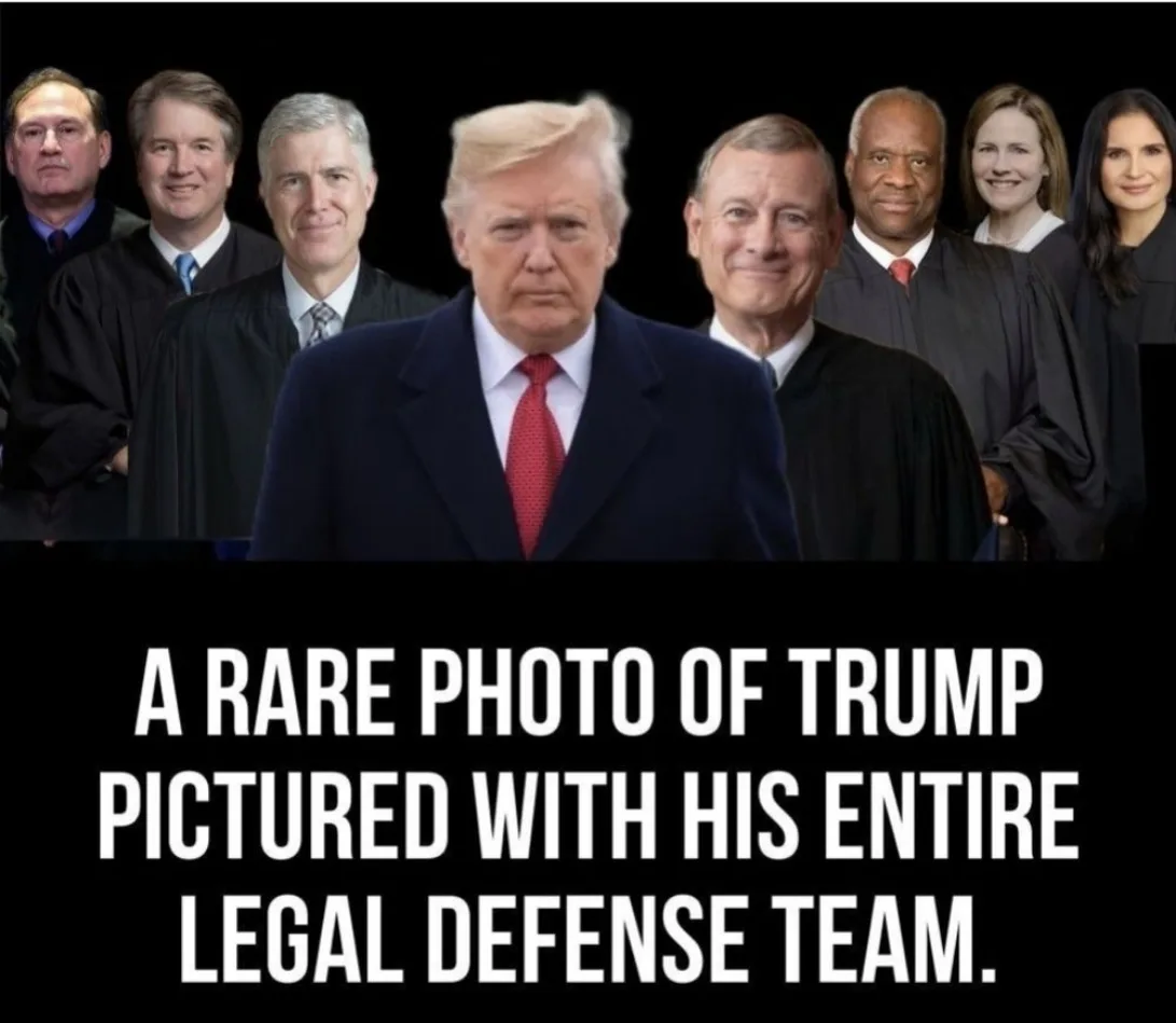 The image shows Donald Trump in a dark suit and red tie, standing in front of a group of eight people in black judicial…