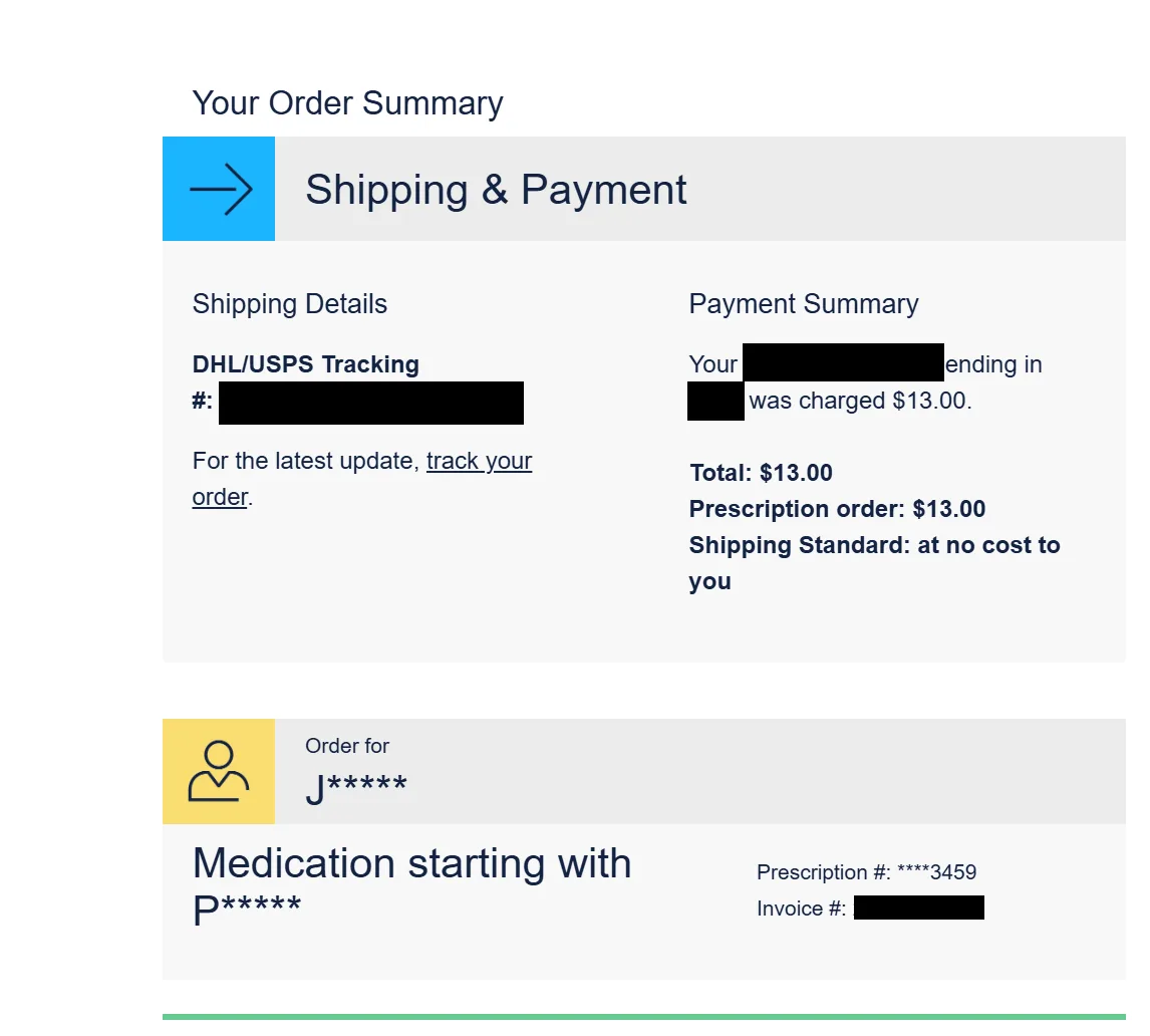 A screenshot of an online pharmacy order confirmation page showing a $13.00 charge for a prescription medication, with…
