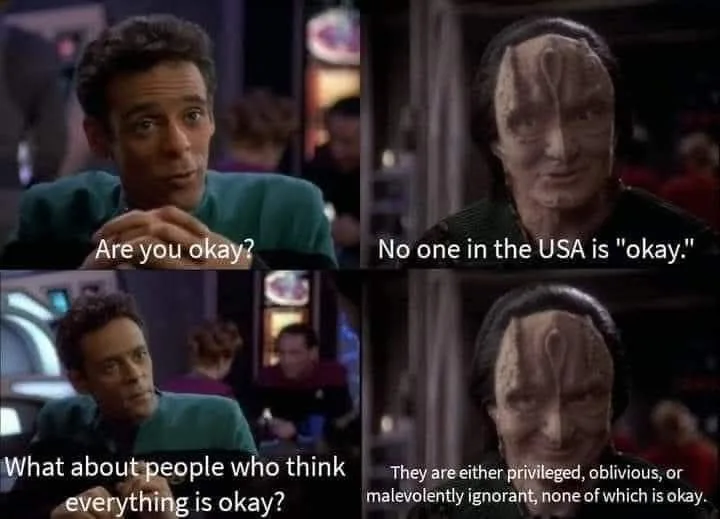 A four-panel meme using Star Trek: The Next Generation scenes. The first panel shows Wesley Crusher asking 'Are you okay?'…