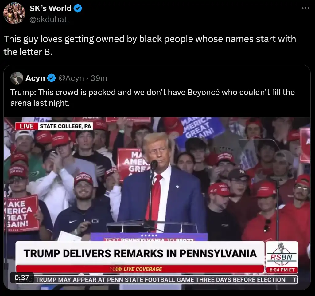 A screenshot of a tweet by 'SK's World' shows a video clip of Donald Trump speaking at a rally in Pennsylvania, surrounded…