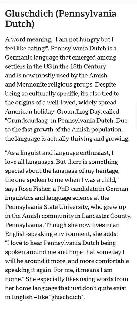 The image displays a block of text explaining the Pennsylvania Dutch word 'Gluschdich,' which means 'I am not hungry but I…