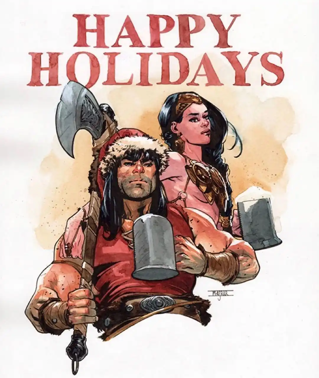 A festive illustration features two muscular fantasy warriors, a man in a red tunic and fur-trimmed hat holding an axe and a…