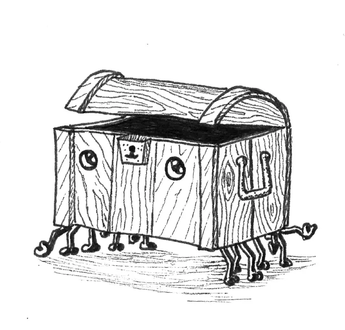 A hand-drawn black-and-white sketch shows a wooden chest with a hinged lid, two round eye-like holes, a small face on a…