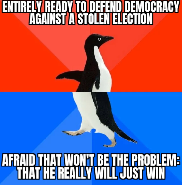 A penguin stands centered against a red and blue background, split horizontally. The top text reads 'ENTIRELY READY TO…