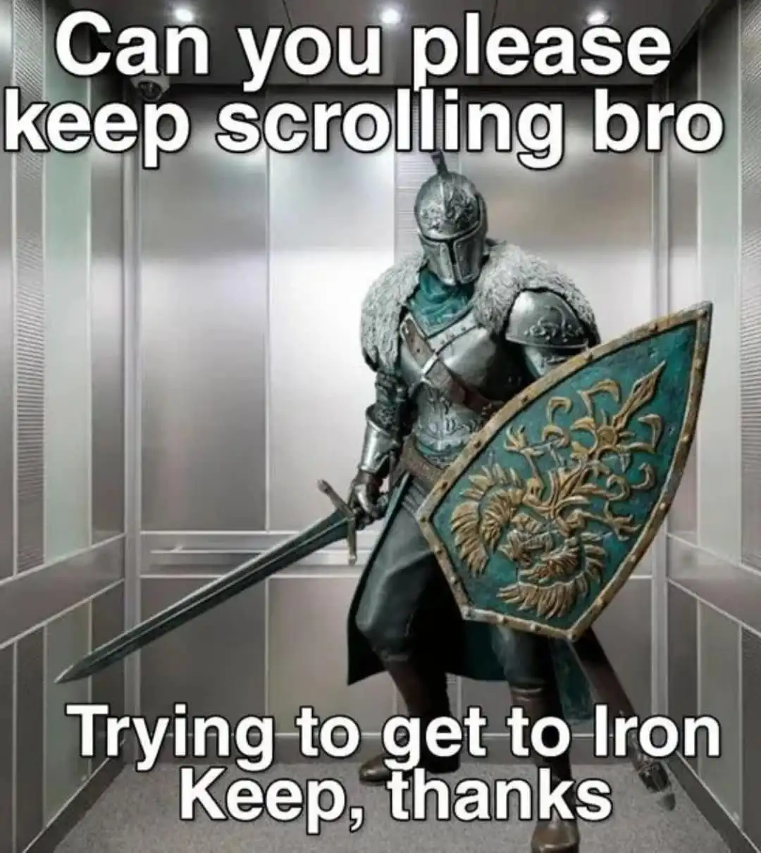 A knight in full armor holding a sword and shield stands inside a modern elevator. The text at the top reads 'Can you please…