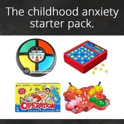 An image displays four classic childhood board games: Simon, Trouble, Operation, and a red game with a pig and colorful…
