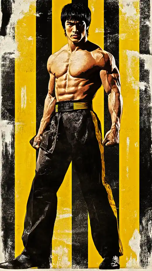 A muscular, shirtless man with a stern expression stands in a fighting stance against a yellow and black striped background…