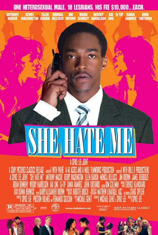 A movie poster for 'She Hate Me' featuring actor Anthony Mackie holding a phone to his ear, looking serious. The poster has…