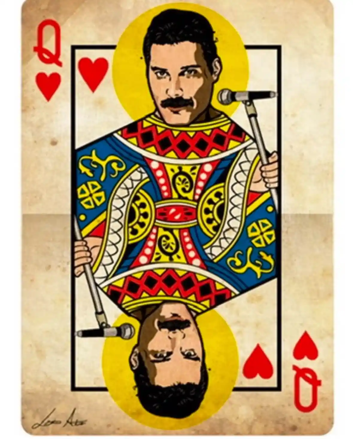 The image shows a playing card, specifically the Queen of Hearts, with the face of Freddie Mercury depicted in the…