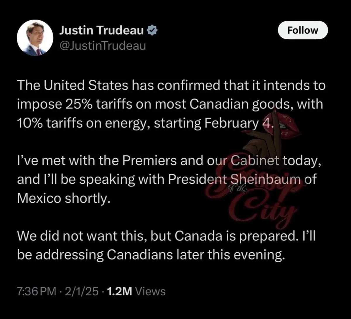 A screenshot of a tweet from Justin Trudeau's verified Twitter account, displaying a formal announcement about impending…