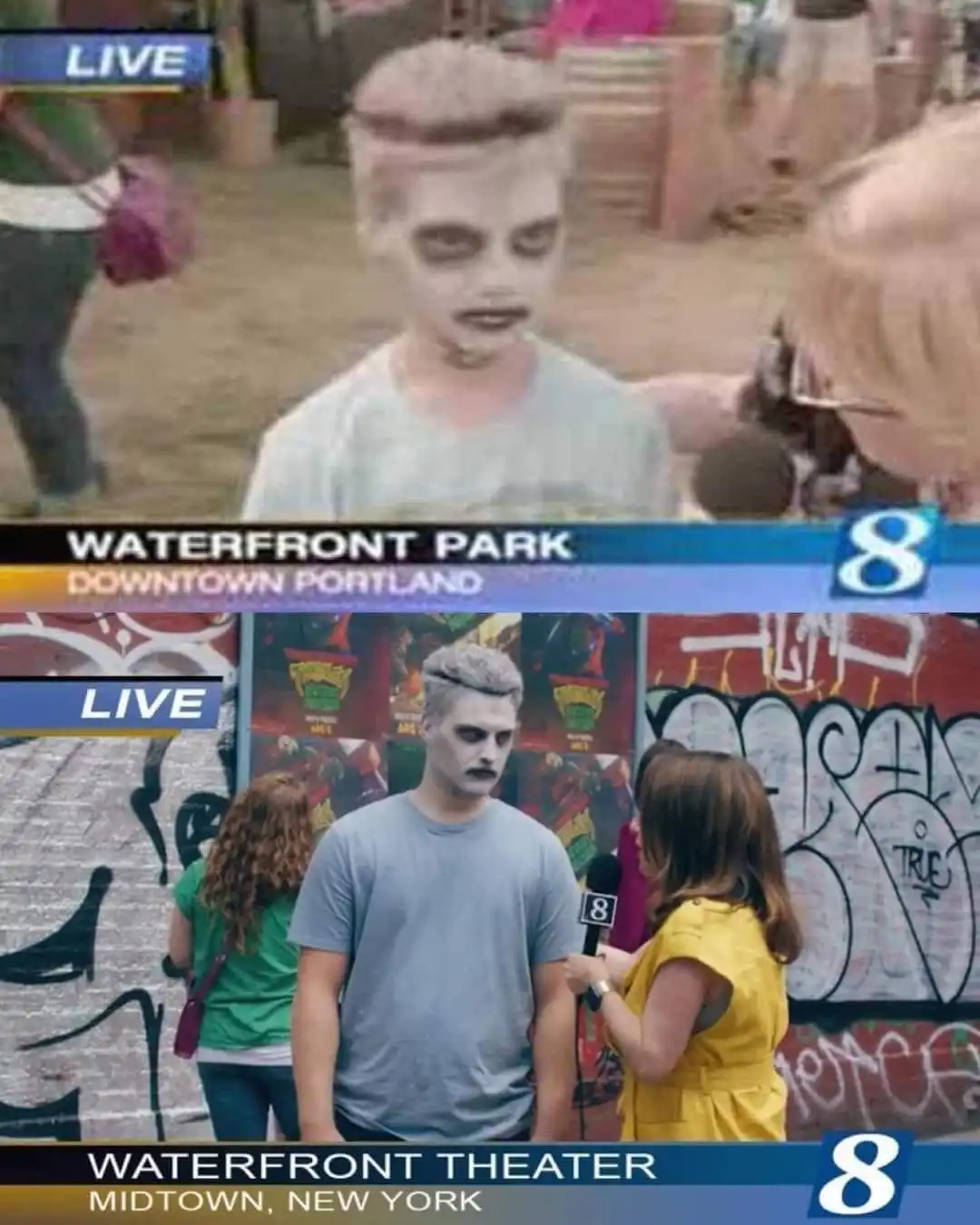 A split-screen news broadcast shows a child with zombie makeup being interviewed in Waterfront Park, Downtown Portland, and…