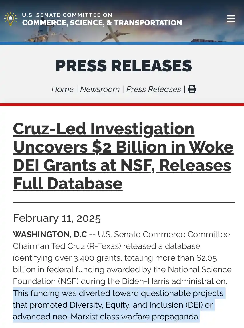 A screenshot of a fake U.S. Senate Committee press release dated February 11, 2025, falsely claims Senator Ted Cruz led an…